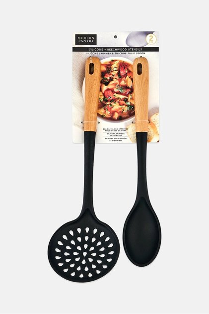 2 Pcs Beechwood Handle Silicone Skimmer And Spoon, Black