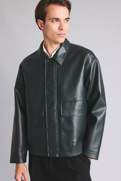 Waterproof Regular Fit Polo Collar Snap-Button Faux Leather Jacket H2826Ax26Au