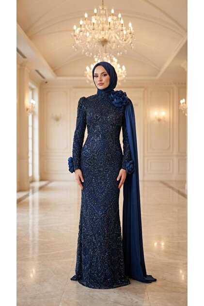 New Elegans Tamamı Taş Detaylı Abiye Elbise-2475
