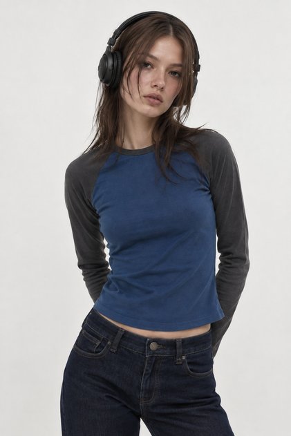 Füme Raglan Kollu Lacivert Basic Y2K Uzun Kollu Crop