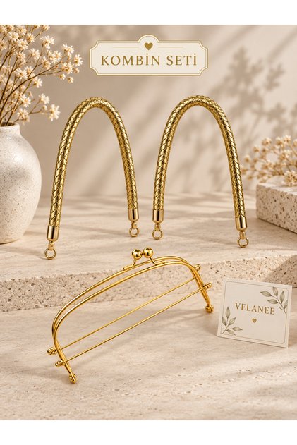 Gold Metal Gizli Çanta Bursu ve Gold Örgülü Çift Sap Kombin Seti