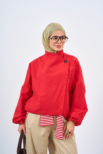Women's Stand Collar Drawstring Detail Short Trench Coat Red