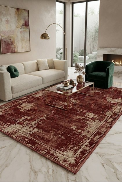Tarçın Eskitme Desenli Dijital Baskı Halı, Modern Vintage Salon ve Oturma Odası Halısı