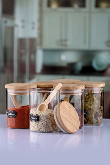 6-Piece 200 ml Borosilicate Spice Jar Set with Bamboo Lid and Spoon