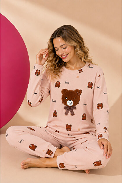 Waffle Knitted Long Sleeve Round Neck Cuff Detailed Embroidered Women's Pajama Set