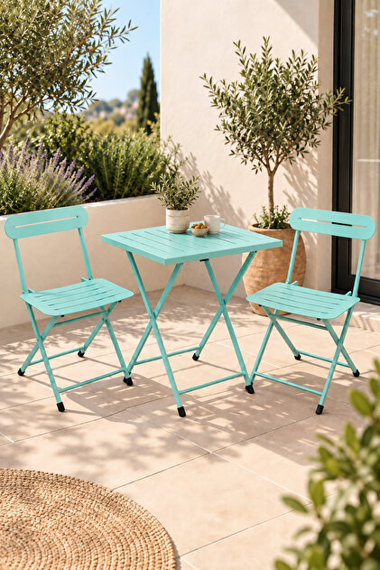 Katlanır Metal Balkon Bahçe Bistro Masa Sandalye Seti 2 Kişilik 1 Masa 2 Sandalye Mint Yeşili 1639