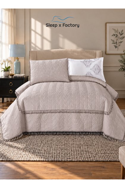 4 Pcs Bedspread Set for 140x200 cm Bed, Quilted Tassel Bedspread 170x230 cm with Fitted Sheet and Pillow Covers