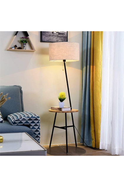 Floor Lamp with Built-in Table, 3-Color Dimmable Standing Reading Light, Fabric Drum Shade & Pull Chain Switch, Wooden Top & Black Metal Frame for Living Room Bedroom