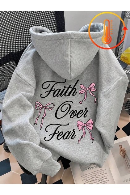 Unisex Gray Faith over Back Printed Hooded Sweatshirt Printed Premium Oversize T-Shirt
