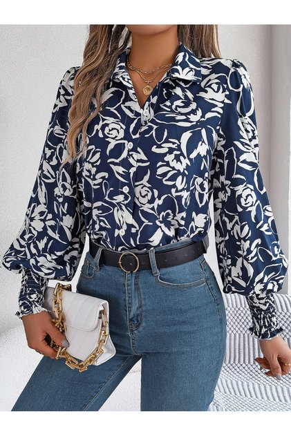 Navy Blue Floral Print Long Sleeve Shirt