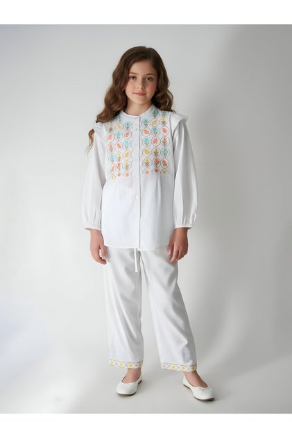 Cotton Full Sleeves Floral Embroidered Shirt Style Top and Pant Set