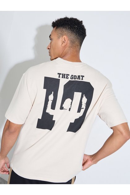 Beige Graphic Print Crew Neck Oversized T-Shirt