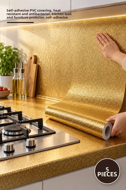 5 Pieces of Adhesive Gold Kitchen Countertop Foil – Self-Adhesive Pvc Coating, Heat Resistant and Anti-Bacterial, Kitchen Wall and Furniture Protector, Self-Adhesive
