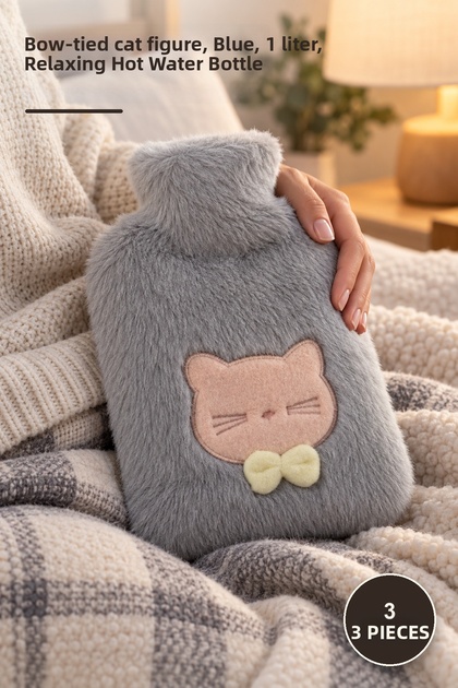 3 Pieces of Plush Hot Water Bags – with Bow Tie and Cat Figure, Blue, 1 Liter, Relaxing Heating Hot Water Bottle