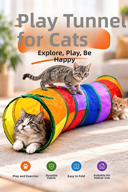 Curved Rainbow Cat Play Tunnel Foldable Colorful Cat Tunnel