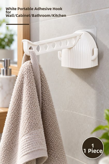 1 Piece Portable Self-Adhesive Hanger – White Portable Adhesive Hanger, Hanger Hook for Wall/Closet/Bathroom Kitchen