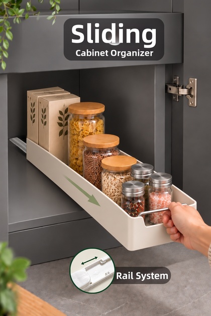 Sliding Cabinet Organizer - Rail-Mounted Bathroom Pantry Kitchen Drawer Multi-Purpose Organizer Shelf