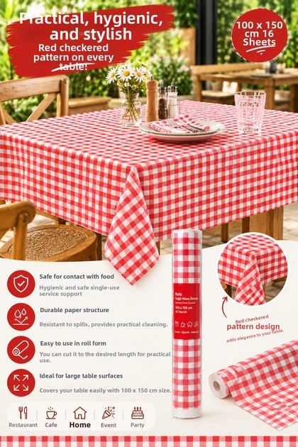 Roll Paper Tablecloth Red Square Patterned 100X150 cm 16 Sheets Disposable