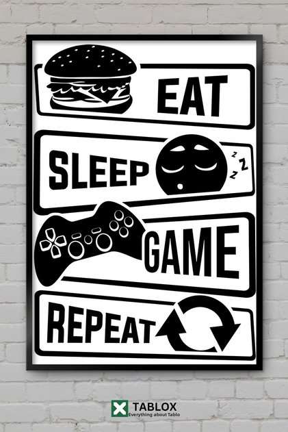 Masa decorativă din MDF înrămată cu tema Joc, Dorm, Joc, Repetă, Rutină de jucător, Gamer
