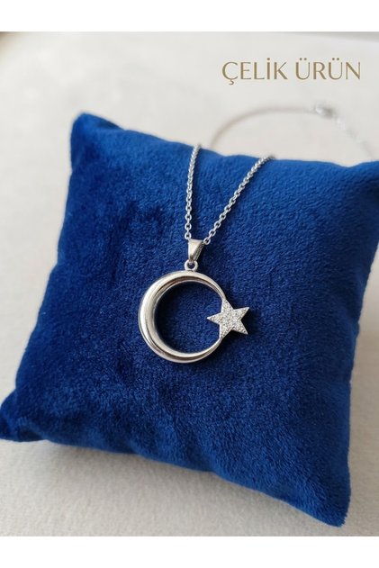 Women's Steel Silver Moon and Star Necklace