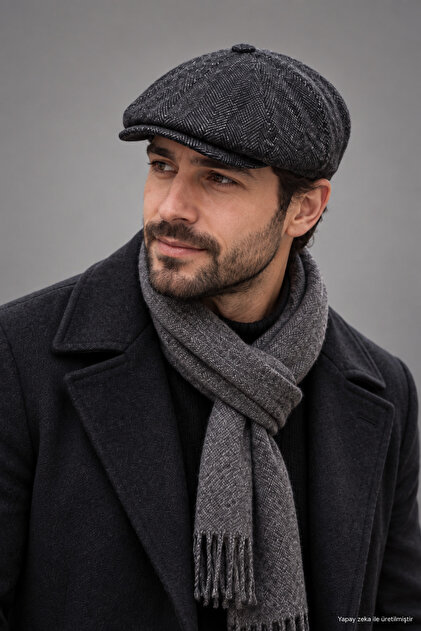 Men's Cap 8 Pieces British Model Winter Wool Textured Newsboy Hat Cap Black