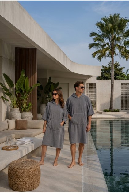 Havlu Panço - Unisex Kapüşonlu Plaj Pançosu - Yetişkin Surf Panço - Havuz Deniz Bornozu - Oversize Cepli