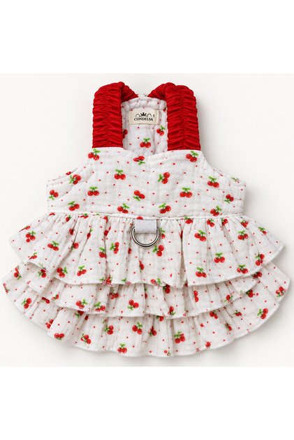 Dog Dress with Leash and Ruffled Skirt (100% Cotton Muslin) - Cat Dog Outfit Small Breed