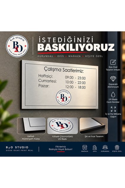 Çalışma Saatleri Levhası | Alüminyum UV Baskı | 15×30 cm
