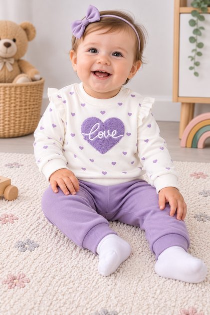 Purple Colored Love Themed Baby Top and Bottom Set