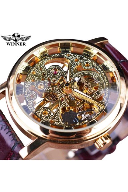 Golden Winner Transparent Fashion Case Luxury Casual Design Leather Strap Mens Watches Top Brand Lux