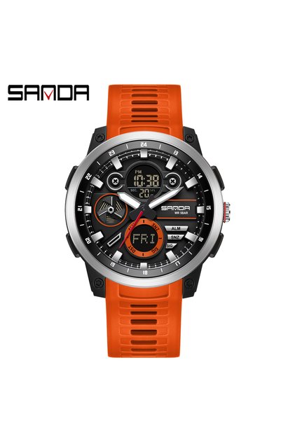 orange SANDA Men Sport Wristwatch TPU Strap Waterproof Quartz Watch Dual Display Digital Luminous Ma