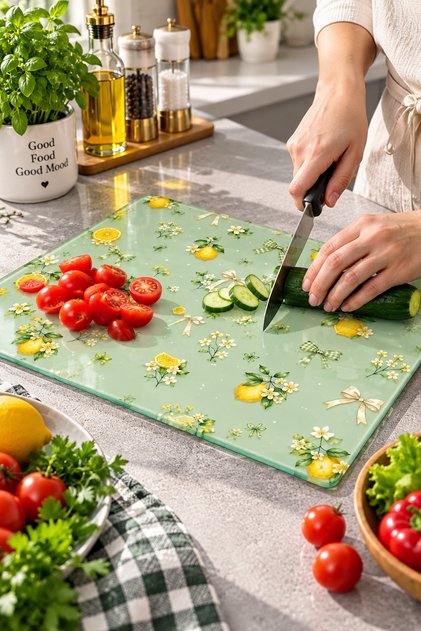 Glass Cutting Board Mint Green Lemon Themed - Glass Cutting Board | 30cm X 40cm
