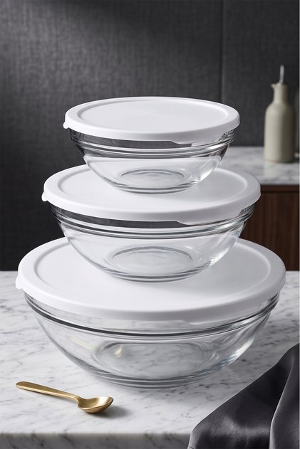 98304 Chefs 3lü Kapaklı Cam Kase Saklama Kabı Seti Büyük