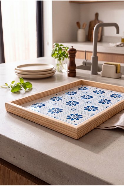 Portuguese Azulejos Patterned - Rectangular Coffee Presentation, Engagement, and Serving Tray with Natural Wood Frame