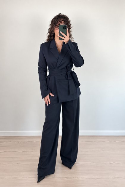 Women's Navy Blue Belted Detailed Blazer Jacket Long Sleeve