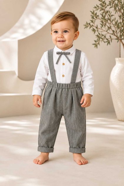 Baby Boy Gabardine Strap Suit with Bow Tie Stylish Suit Cream 6-9-12-18 Months
