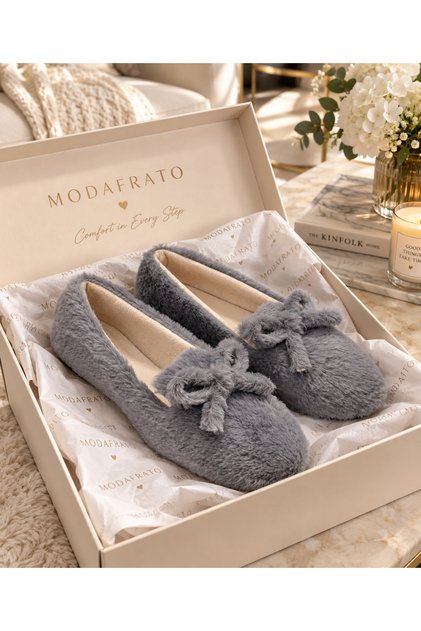 Br-33 Women's Home Slippers with Bow, Winter Wool Inside, Home Shoes, Slippers, Dowry Bundle, Promise Engagement Shoes