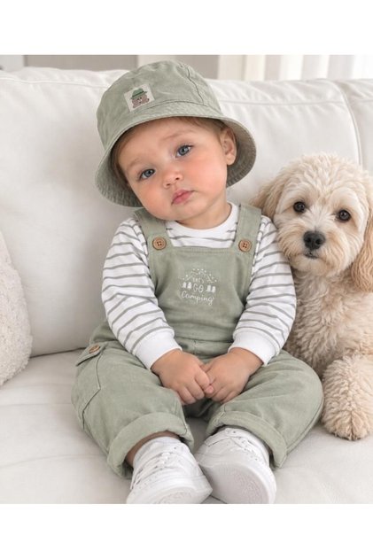 Baby Boy Embroidered Striped Sweatshirt and Dungarees Set with Safari Hat