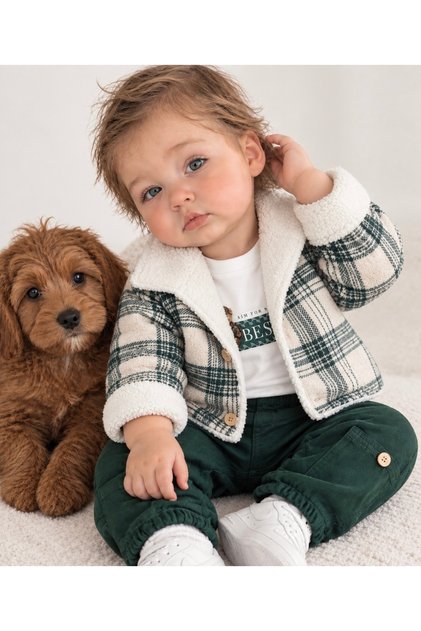 Montlu Suit Lumberjack Fur Inside Teddy Bear Printed Badi Lycra Gabardine Trousers 3-Piece Winter Baby Boy/