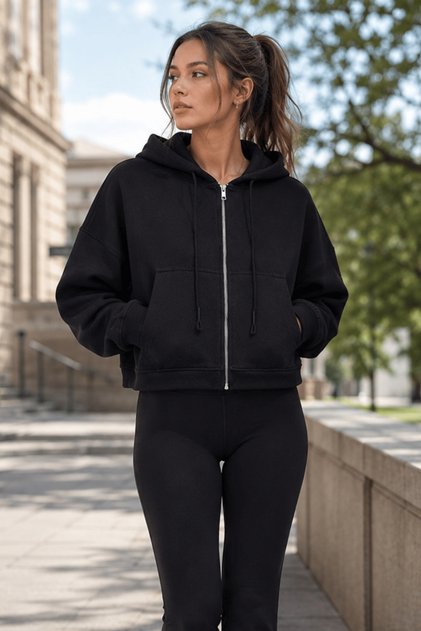 Black Essentials Fit Women's Zip Hoodie 100% Cotton Hooded Off Shoulder Zip Kangaroo Pocket