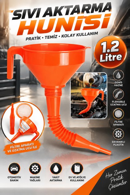 Plastik Huni Çelik Süzgeçli Katalitik Konvertör Hunisi Spiralli Borulu Süzgeçli Huni 1.2 Litre