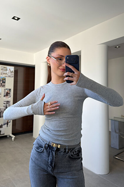 Long-Sleeve Finger-Loop Bodysuit - GRAY