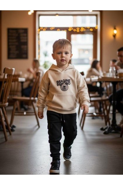 Boy's Teddy Bear Patterned Hooded Tracksuit Set