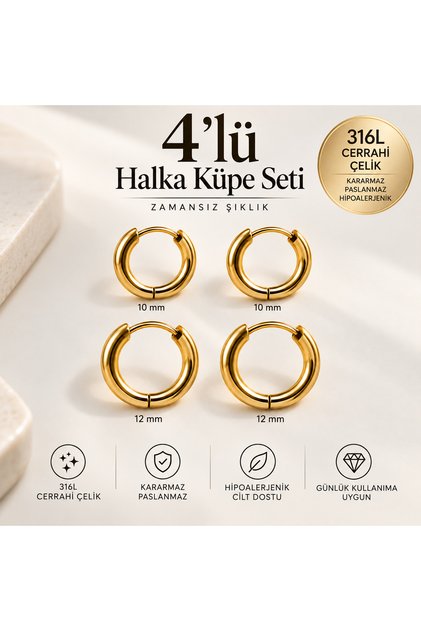 Surgical Steel Straight Earrings Set 4 Pieces Gold