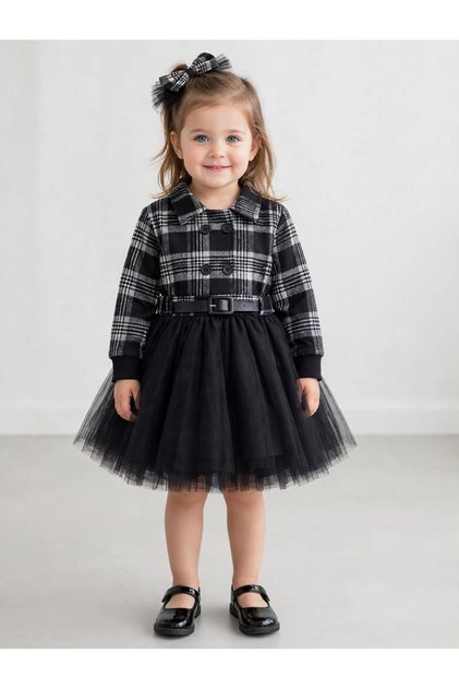 Girl's Plaid Patterned Belted Tulle Skirt Dress with Bandana 2-Piece Set
