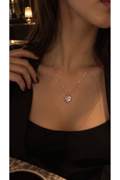 Xuping Kolye - 14K Altın Kaplama Zirkon Taşlı Kalpli Çelik Kolye (Zincir:45+5 Cm Kalp:1 Cm) (Kutulu)