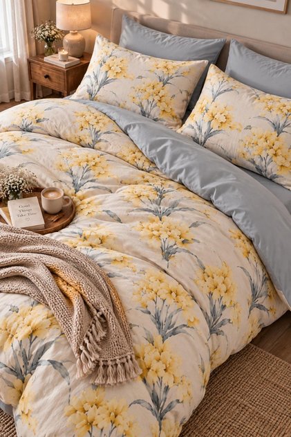 Double Elastic Sheet Duvet Cover Set Cotton Yellow Bouquet