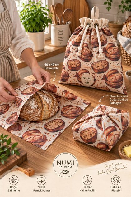 Premium Ekmek Saklama Seti 1 Pamuklu Kese + 2 Balmumu Bez