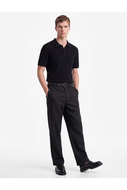Regular Fit Short Sleeve Cotton Textured Button Polo Neck Knitwear T-Shirt