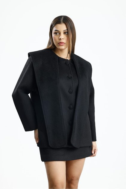 Yael Kaşe Premium Black Short Coat with Collar Detail